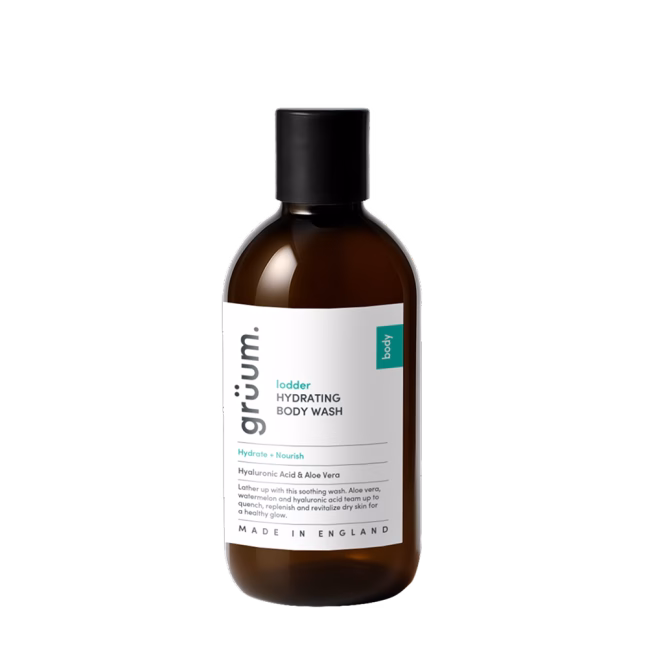 Brown bottle of hydrating body wash.