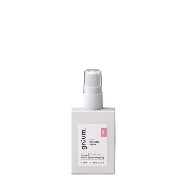 Calming spray bottle on white background.