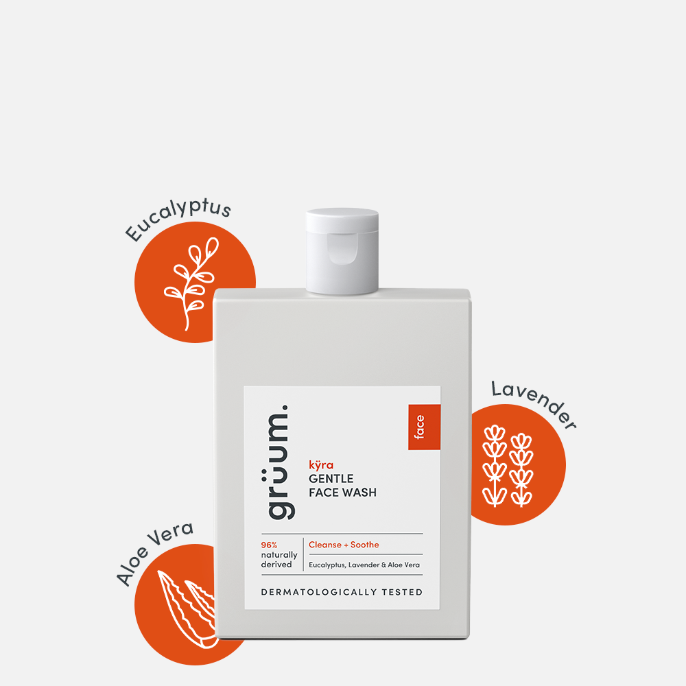 Bottle of gentle face wash with ingredients