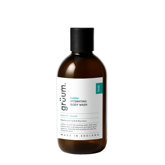 Brown bottle of hydrating body wash.