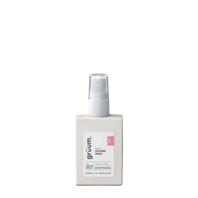 Calming spray bottle on white background.