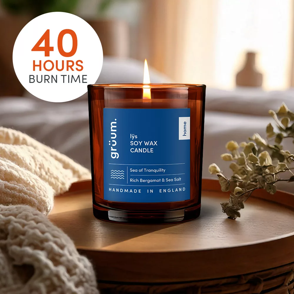 Soy wax candle on a tray.