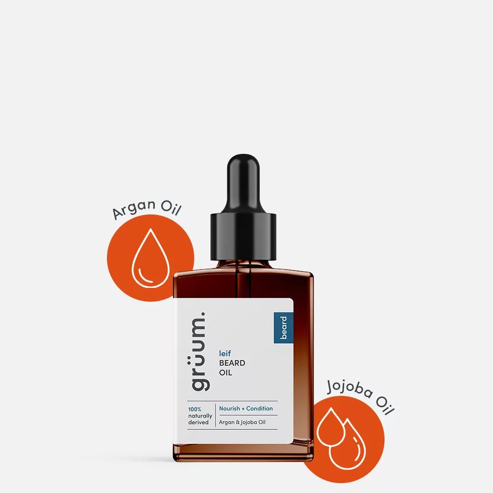 Beard oil bottle with argan and jojoba oils.