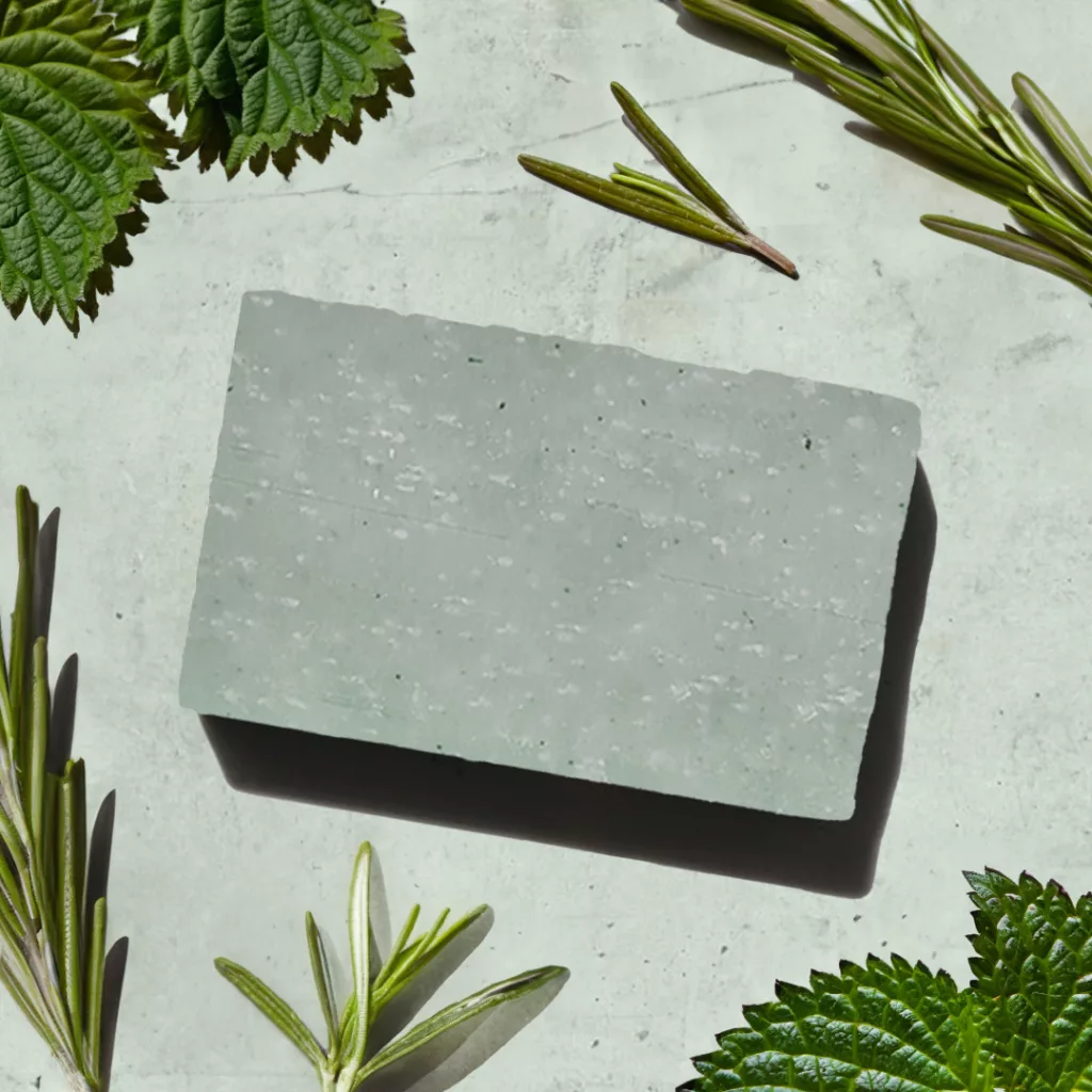 Soap surrounded by green leaves